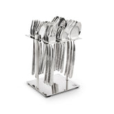 Stainless steel cutlery set with dimple-textured handles, organized upright on sleek square metallic stand.